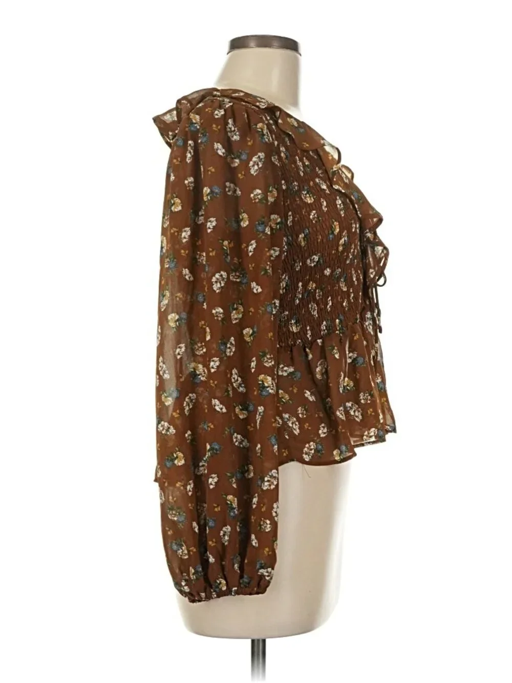 ASTR the Label Brown Ditsy Floral Smocked Ruffle Tie Neck Top Size M